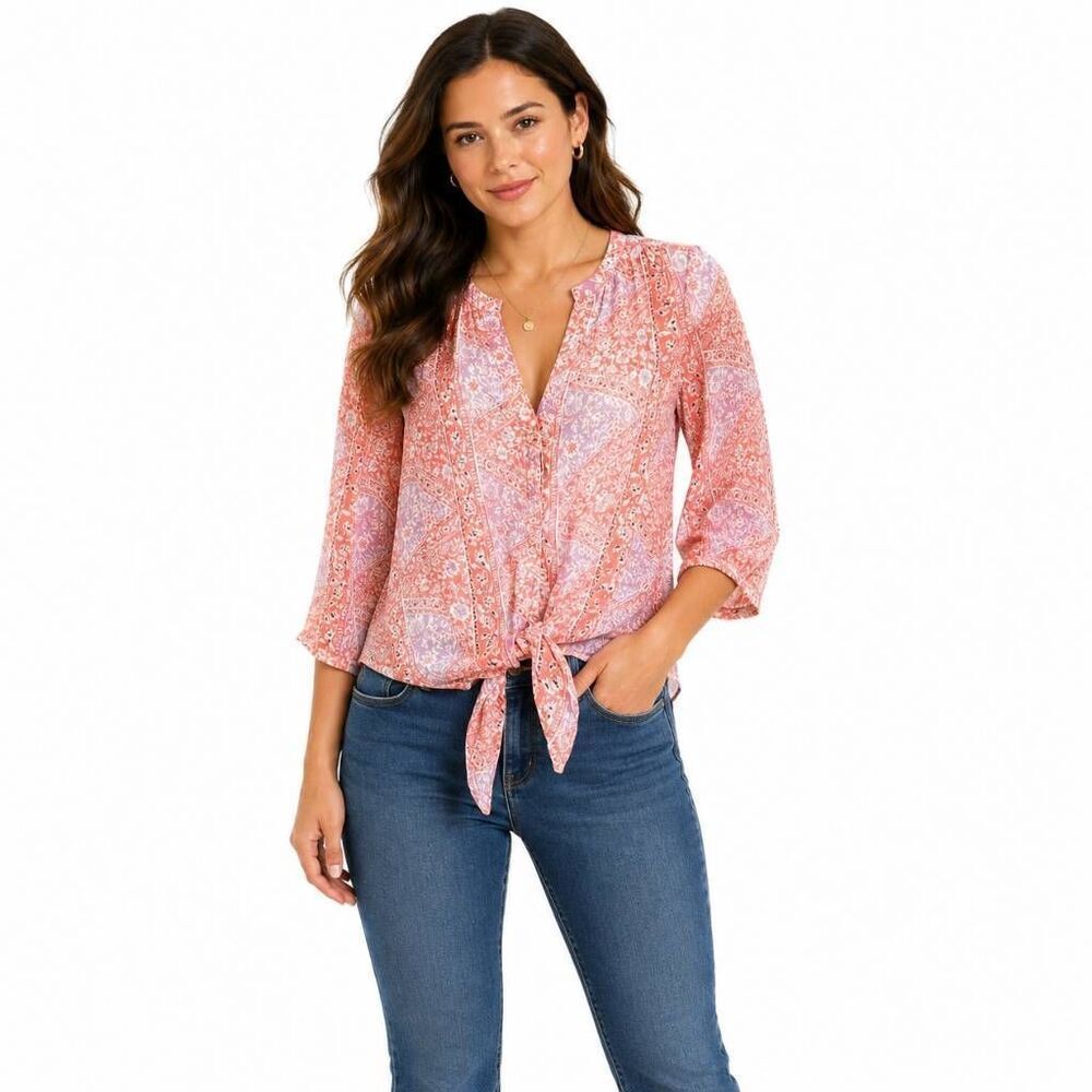 Maurices Sheer Pink Floral Front Tie Blouse XS